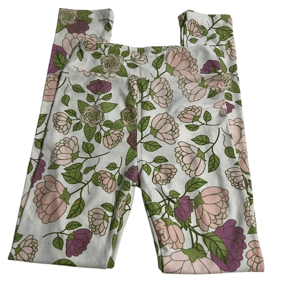 Other - Lularoe Pastel Pink, Plum, Green & Cream Floral Leggings‎ Girls Size L/XL Fairy